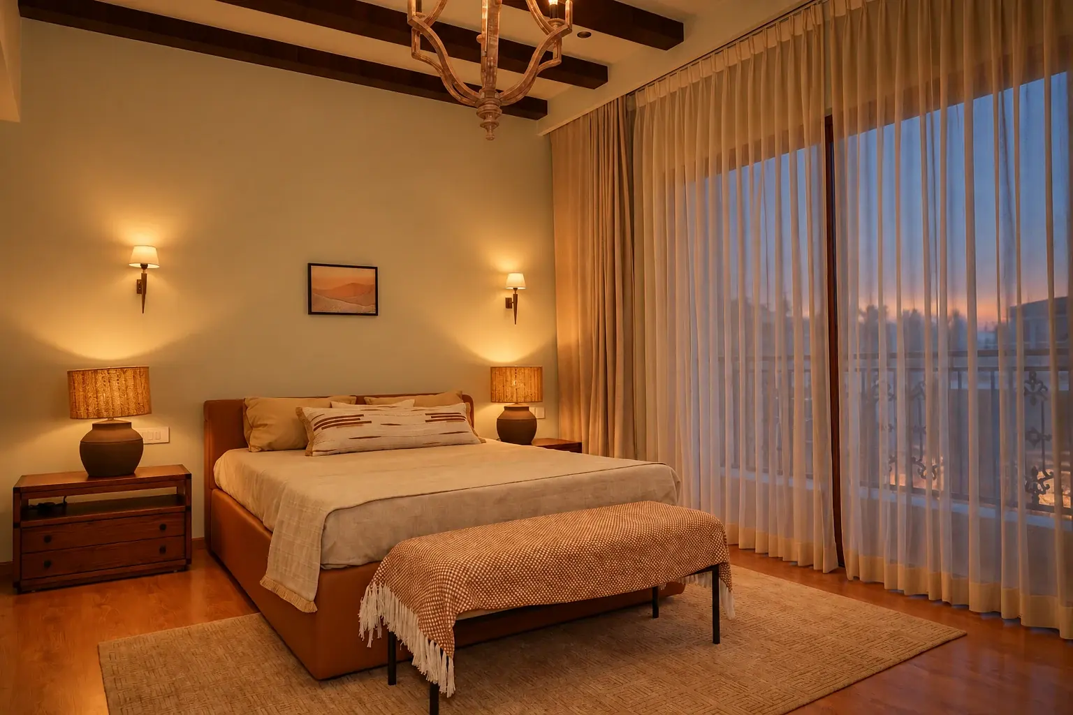 A warm bedroom with timber ceiling beams, soft lighting and full-height curtains