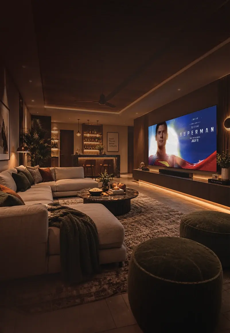 Cinema-style family lounge with a large screen and generous curved seating