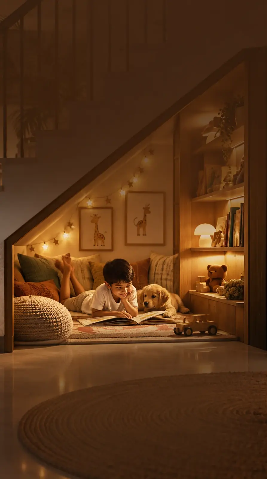 El Nido children’s den tucked beneath the staircase, with warm lighting and cosy cushions