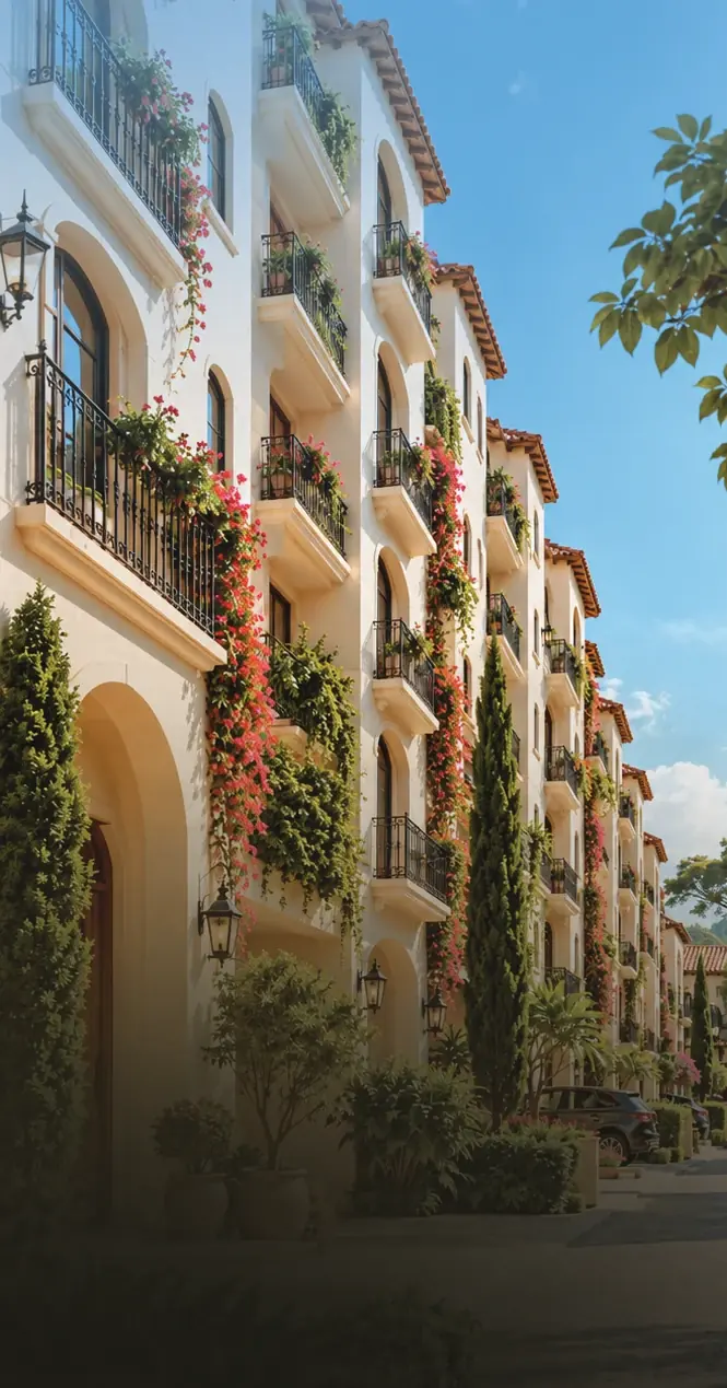 Spanish-inspired corner residences along a Valencia streetscape