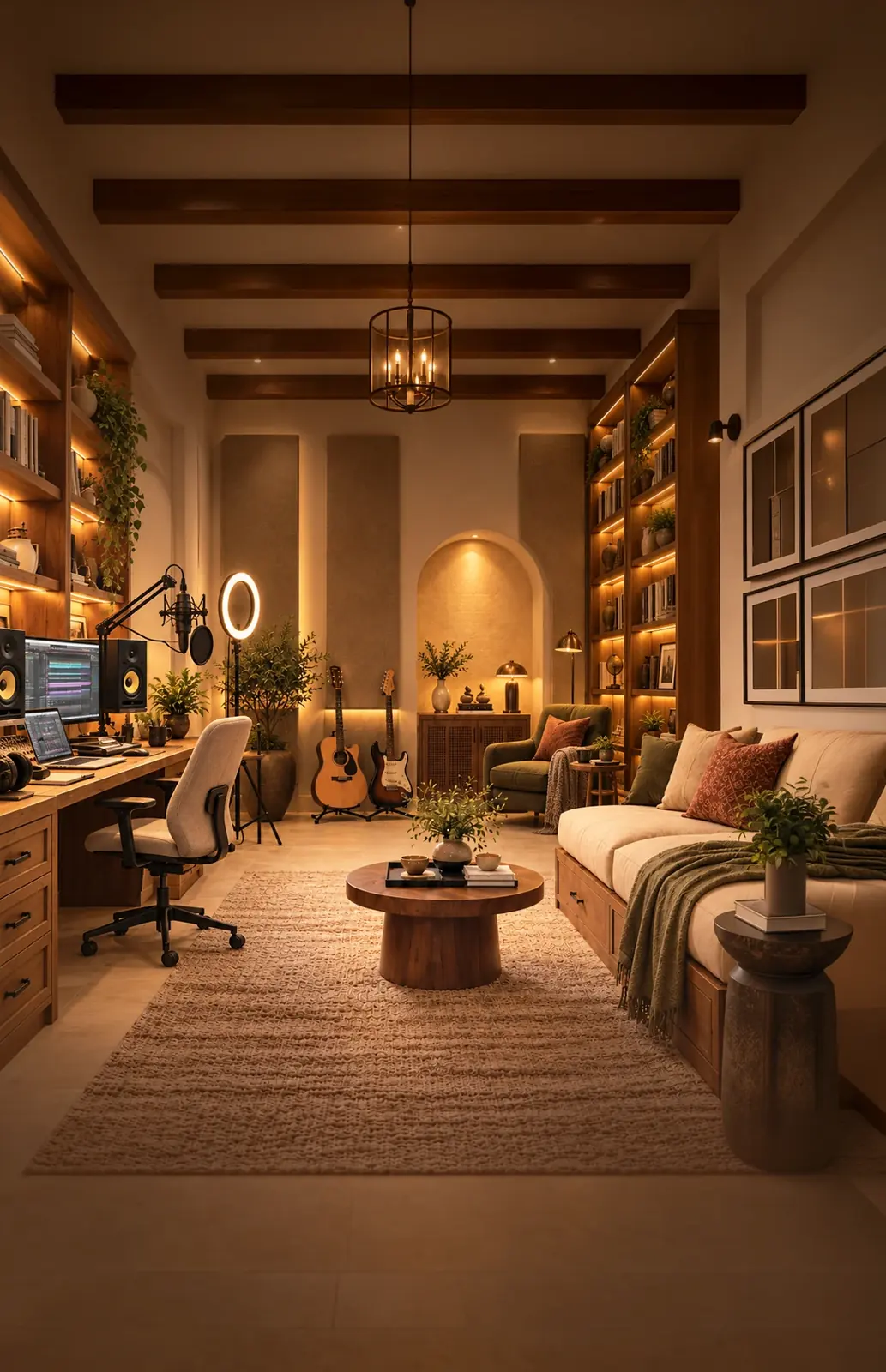 A warm reading and study space with timber shelves