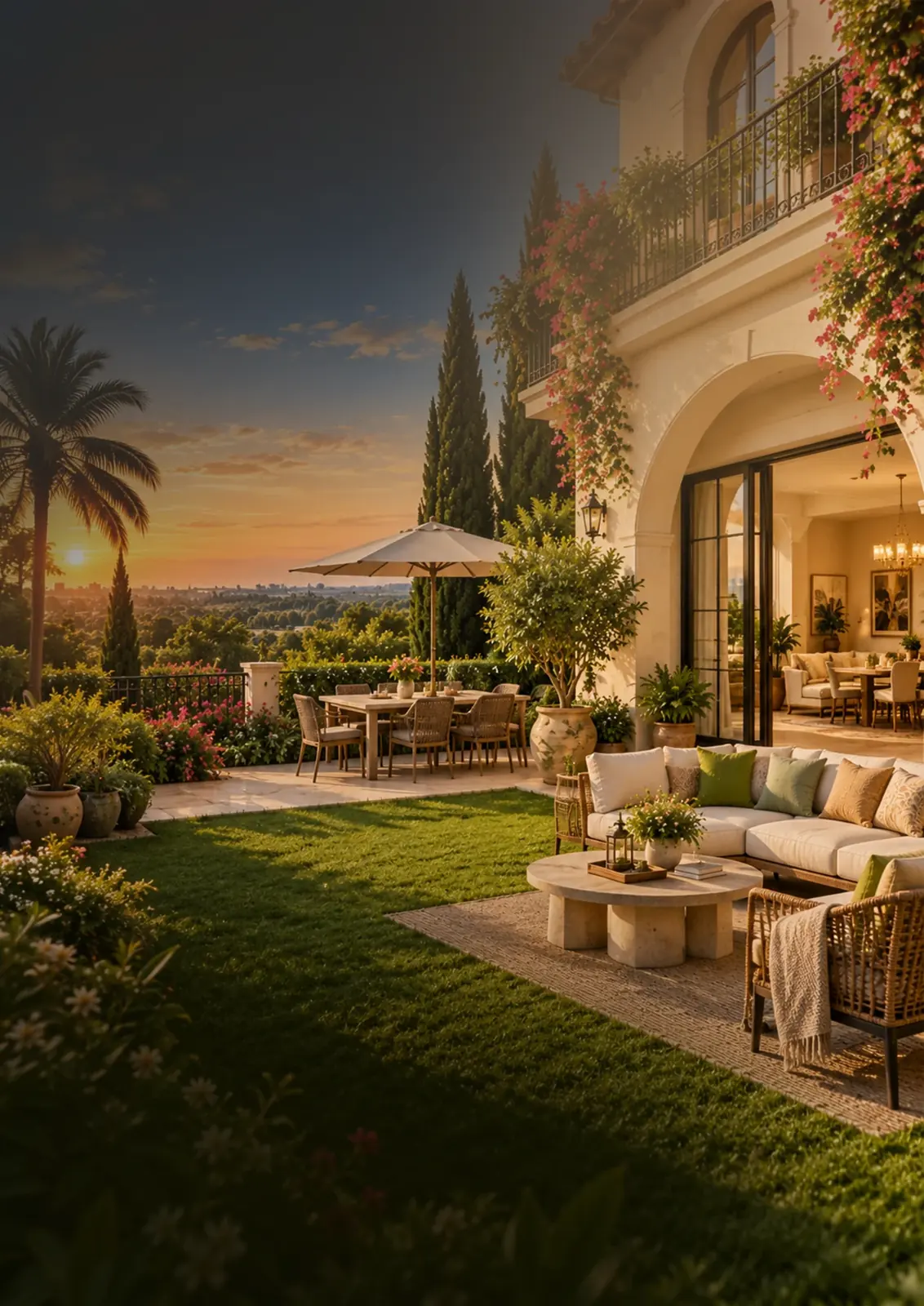 A Valencia private garden with a lawn, outdoor dining, planting and lounge seating
